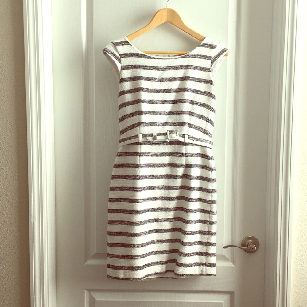 Belted blue and white dress